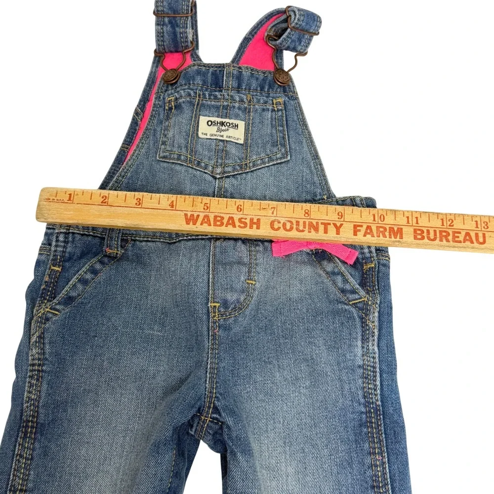 OshKosh Bgosh Baby Girls 9M Fleece Lined Blue Denim Overalls Pink Bow Detail